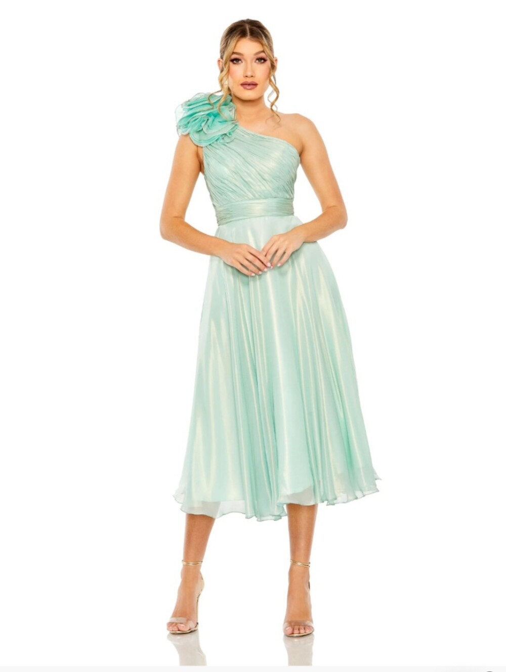 Mac Duggal 70173 sz 12 Sage One-Shoulder Midi Dress with Floral Shoulder